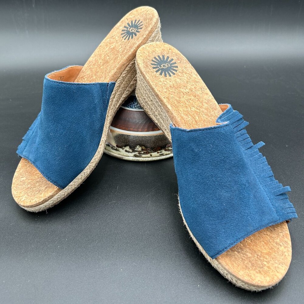 UGG Danes Blue Suede Wedge Slide Sandals Sz 9.5 Fringe Espadrille Cork